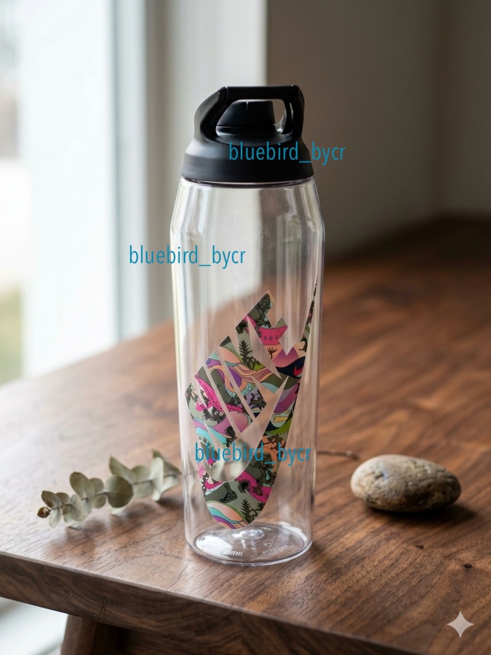 Nike Clear Bottle with Black Lid and Multicolor Floral Swoosh